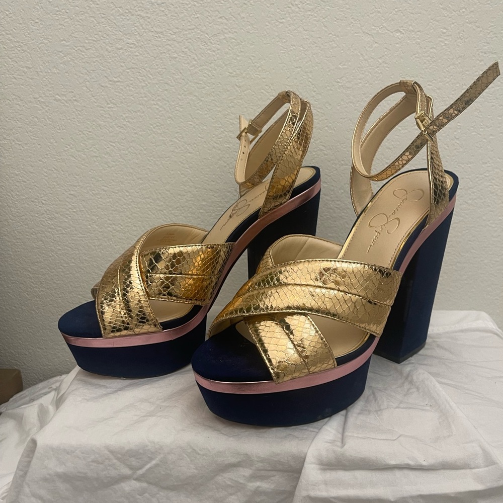 Jessica Simpson chunky blue gold platforms
